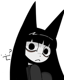 anthro bangs big_pupils black_clothing black_ears black_hair black_topwear breasts clothing ellipsis eye_bags eyelashes female frown grey_clothing grey_topwear hair long_hair looking_at_viewer looking_back looking_back_at_viewer mouth_closed pupils simple_background solo stare topwear white_background white_body white_sclera wide_eyed xarop77 witchcat_(xarop77) domestic_cat felid feline felis mammal 2025 bust_portrait digital_drawing_(artwork) digital_media_(artwork) hi_res portrait
