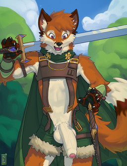 anthro arm_tuft balls big_balls big_penis black_nose black_pawpads brown_body brown_ears brown_fur brown_tail cheek_tuft claws clothed clothing elbow_tuft facial_tuft foreskin fur genitals glans hair half-erect humanoid_genitalia humanoid_penis male melee_weapon neck_tuft orange_body orange_fur orange_hair orange_tail partially_retracted_foreskin pawpads penis pink_glans shoulder_tuft solo sword tail tuft vein veiny_penis wardrobe_malfunction weapon white_balls white_body white_claws white_fur white_penis white_tail sinsquared river_(fursecute) canid canine fox mammal 2022 alternate_version_at_source digital_media_(artwork) hi_res shaded