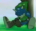 anthro biped blue_body blue_fur boots clothing cosplay costume footwear fur gloves green_clothing green_eyes handwear hat headgear headwear male outside plant shoes sitting solo tree kalk427 nintendo sega sonic_the_hedgehog_(series) the_legend_of_zelda link sonic_the_hedgehog eulipotyphlan hedgehog mammal crossover