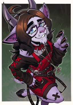 ahoge alternative_fashion anthro blue_eyes broken_horn brown_hair choker claws clothed clothing collar eyebrows eyewear fashion female fur fur_beard glasses hair hooves horn jewelry long_hair looking_at_viewer necklace off_shoulder_shirt overalls perspective_shot purple_body purple_fur shortalls spiked_collar spikes thick_eyebrows wearing_glasses angusburgers truesona_(squeakitties) bovid caprine goat mammal hi_res trans_(lore) trans_woman_(lore)