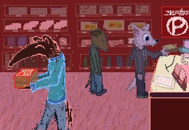 anthro black_nose blue_bottomwear blue_clothing blue_pants blue_shirt blue_topwear book bottomwear brown_body brown_fur clothed clothed_anthro clothed_male clothing eyes_closed fully_clothed fully_clothed_anthro fully_clothed_male fur green_clothing green_shirt green_topwear group holding_book holding_object hoodie inside male pants pink_body pink_fur shirt shopping store topwear trio demensa anteater canid canine canis domestic_dog mammal pilosan xenarthran 2018 digital_media_(artwork) pixel_(artwork)