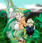 ambiguous_gender blonde_hair clothing detailed_background eyewear female feral glasses green_body green_scales group hair hat headgear headwear heart_symbol male outside pregnant scales serpentine smile white_body white_scales diamonds_(artist) nintendo pokemon bianca_(pokemon) generation_5_pokemon human hybrid mammal pokemon_(species) serperior snivy hi_res