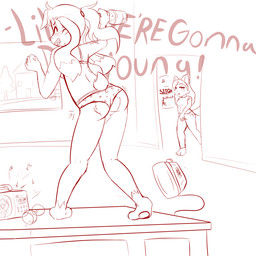 anthro appliance biped butt clothed clothing dancing drunk duo electronics female hair kitchen_appliance panties ponytail radio simple_background substance_intoxication text toaster underwear okamiseinen alastor_(okamiseinen) midori_kuroba canid canine canis lagomorph leporid mammal rabbit wolf 1:1 english_text hi_res sketch