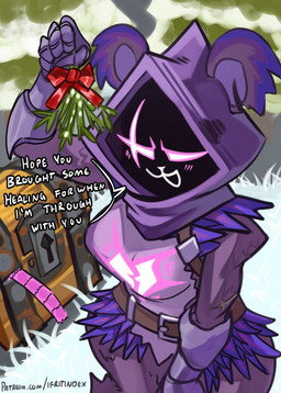 anthro bear_ears belt belt_buckle blush blush_lines breasts buckle butt clothed clothing dialogue ears_through_headwear facial_scar female high-angle_view holding_mistletoe hood looking_at_viewer metal_gloves mistletoe narrowed_eyes outside plant ribbons scar seductive snow solo text treasure_chest tree white_grass moxydraws epic_games fortnite raven_team_leader bear mammal english_text hi_res