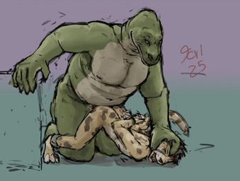 anal anal_penetration anthro arms_tied bound dominant duo forced forced_anal fur green_body hair hand_on_another's_head larger_dom male male/male nipples open_mouth penetration rape sex sex_slave size_difference slave yellow_body yellow_fur jeri_kleinlowe cheetah felid feline lizard mammal reptile scalie 2025 colored dated hi_res signature