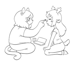 alternative_fashion anthro antlers applying_makeup applying_makeup_on_another belly blush bottomwear breasts clothed clothing duo ear_piercing ear_ring eyeliner eyes_closed female female_anthro goth hair hands_on_knees hands_on_legs hooves horn kneeling long_hair looking_at_another makeup mascara medium_hair overweight overweight_anthro overweight_female pants personal_grooming piercing ring_piercing sagging_pants shirt slim slim_anthro slim_female t-shirt tail topwear kewlbot deltarune undertale_(series) catti_cattenheimer noelle_holiday deer domestic_cat felid feline felis mammal new_world_deer reindeer 2025 black_and_white digital_drawing_(artwork) digital_media_(artwork) monochrome