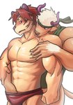 abs anthro blush bottomless brown_body brown_fur clothed clothing duo fur hand_in_underwear horn licking male male/male muscular muscular_anthro muscular_male neck_lick orange_body orange_fur pecs shirt tank_top tongue tongue_out topwear underwear wolfmanwilk lifewonders tokyo_afterschool_summoners nomad_(tas) shennong_(tas) bovid bovine cattle felid mammal pantherine tiger hi_res