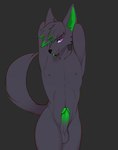 abs anthro balls black_nose bodily_fluids curvy_anthro erection front_facing front_view fur genitals glowing glowing_eyes green_body green_ears green_fur green_hair green_hairtips green_penis green_tuft grey_background grey_body grey_fur hair hands_behind_head head_tuft humanoid_genitalia humanoid_penis male narrowed_eyes nipples nude penis purple_eyes raised_arms saliva saliva_on_tongue simple_background skinny skinny_anthro skinny_male smile smiling_at_viewer snout solo tuft wide_hips nastycalamari fiz_(instafiz) canid canine canis mammal wolf 2021 colored digital_drawing_(artwork) digital_media_(artwork) half-length_portrait hi_res portrait