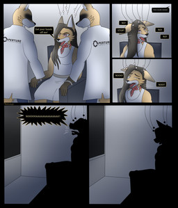 anthro bodily_fluids brown_hair chair clothed clothing coat crying dialogue eyes_closed faceless_character female forced furniture group hair lab_coat male neckwear on_chair screaming simple_background sitting sitting_on_chair tears text topwear trio photolol.03 aperture_science portal_(series) valve caroline_(portal) canid canine canis fox mammal comic hi_res