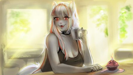 5_fingers anthro breasts candle chair cleavage clothed clothing collar container cup cupcake day door eyebrows female fingers fire food fur furniture grey_body grey_fur hair holding_object inner_ear_fluff inside looking_at_viewer mug open_mouth pink_nose pink_tongue plant red_eyes shirt solo steam table tail tongue topwear tree tuft white_eyebrows white_hair white_inner_ear_fluff gelenedd domestic_cat felid feline felis mammal 16:9 shaded widescreen