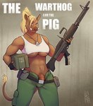 abs ammunition anthro belt blonde_hair bottomwear breasts clothed clothing dog_tags genitals gun gynomorph hair intersex m60 machine_gun muscular muscular_anthro muscular_gynomorph muscular_intersex pants penis ranged_weapon shirt solo tank_top text topwear under_boob vein veiny_penis weapon dupllo mammal suid suina sus_(pig) wild_boar hi_res