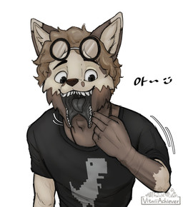 anthro black_clothing black_shirt black_tongue black_topwear brown_body clothing countershade_arms countershade_face countershading dipstick_ears ear_markings eyewear glasses inner_ear_fluff male multicolored_ears pointing_at_mouth sharp_teeth shirt shirt_design solo split_jaw teeth text tongue topwear tuft uvula vocalization wide-open_mouth vitaliachiever gamma_wolf_(vitaliachiever) canid canine canis mammal wolf hi_res translated