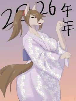 anthro biped breasts butt clothed clothed_anthro clothed_female clothing female fingers fur hair looking_at_viewer smile solo standing tail tongue coel_(artist) equid equine horse mammal 2026 absurd_res digital_drawing_(artwork) digital_media_(artwork) hi_res