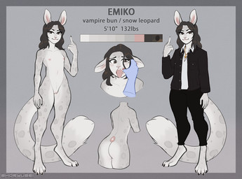 andromorph anthro bicolored_tail big_ears blush brown_eyes brown_hair butt claws clothed clothing collared_shirt cross cross_section digitigrade ears_down ears_up eyebrow_through_hair eyebrows fangs feet fluffy fluffy_tail fur genitals gesture hair hand_gesture intersex jewelry long_hair looking_at_viewer measurements middle_finger mouth_play multicolored_body multicolored_fur navel necklace nipples nude open_mouth pivoted_ears shirt simple_background smile smirk solo spots standing sweater tail teeth text toe_claws toes tongue tongue_out topwear translucent translucent_hair two_tone_body two_tone_fur vulva brinstar emiko_(bludii) felid hybrid lagomorph leporid mammal pantherine rabbit snow_leopard 2021 digital_media_(artwork) english_text hi_res model_sheet signature