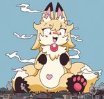 2_tails anthro black_body black_fur blush bodily_fluids building dipstick_ears dipstick_tail ear_markings eyebrow_through_hair eyebrows eyelashes fangs female flat_chested fur gem gloves_(marking) hair heart_symbol house inner_ear_fluff kemono leg_markings macro markings multi_tail multicolored_ears neck_tuft nude pawpads red_eyes semi-anthro sitting sky smoke snout socks_(marking) solo sweat sweatdrop tail tail_markings teeth tongue translucent translucent_hair tuft white_body white_fur womb_tattoo yellow_body yellow_fur doover80s mahou_shoujo_full_heart kokon canid canine fox mammal 2025 absurd_res digital_media_(artwork) hi_res