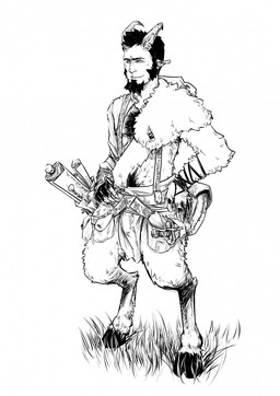 bag body_hair bottomwear bulge chest_hair chest_tuft clothing dagger grass hooves horizontal_pupils horn humanoid_pointy_ears loincloth melee_weapon not_furry plant pointy_ears pupils scroll simple_background smile solo standing tuft weapon ghuraok antios humanoid satyr 2015 hi_res monochrome