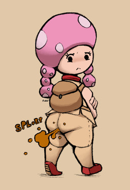 backpack bottomwear brown_fart_cloud butt clothing explorer_outfit fart fart_cloud female footwear frown hand_on_arm looking_back mushroom_cap pants pigtails rear_view red_clothing red_footwear red_shoes shoes simple_background solo sound_effects tan_background tan_bottomwear tan_clothing tan_pants tan_topwear topwear jubb mario_bros nintendo toadette humanoid toad_(mario) 2021 signature