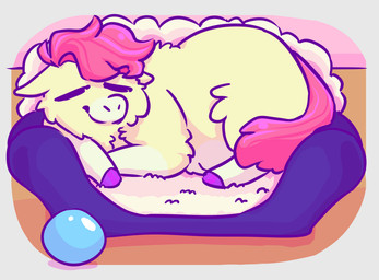 ambiguous_feral ambiguous_gender ball bed eyes_closed feral fur furniture hair hooves pink_hair pink_tail purple_hooves side_view sleeping smile solo tail white_body white_fur young young_ambiguous young_feral alpama fluffy_pony cuddles_(alpama) fluffy_pony_(species) mammal 2023 digital_media_(artwork) hi_res shaded