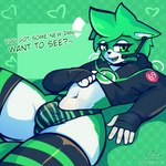 anthro biped bulge clothed clothing crop_top femboy fur green_background green_body green_eyes green_fur green_hair hair legwear looking_at_viewer lying male midriff navel on_back open_mouth panties personification shirt simple_background smile smug solo text thick_thighs thigh_highs topwear underwear nagifur whatsapp 1:1 absurd_res digital_media_(artwork) english_text hi_res