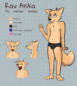 anthro barefoot black_nose briefs briefs_only character_description clothed clothing color_swatch feet fur grey_briefs grey_clothing grey_underwear male monotone_briefs monotone_clothing monotone_underwear open_mouth orange_body orange_fur smile solo stated_age stated_sexuality tan_body tan_fur text toony topless topless_anthro topless_male underwear underwear_only yawn ravalska rav_alska canid canine fox mammal english_text hi_res model_sheet