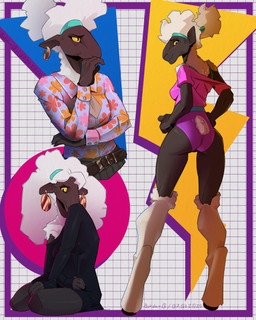 accessory anthro biped black_body black_clothing black_fur black_sweater black_topwear breasts butt clothing ear_piercing ear_ring female fur hair headband kneeling leotard mature_anthro mature_female pattern_clothing pattern_shirt pattern_topwear piercing pink_clothing pink_leotard ring_piercing shirt solo standing sweater tight_clothing topwear white_body white_fur white_hair white_wool wool_(fur) yellow_eyes bokdan0 lori_(wetchop) bovid caprine mammal sheep 2025 4:5 digital_media_(artwork) hi_res