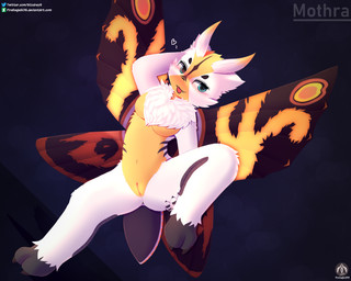 anthro blush breasts claws fangs female fur fur_markings genitals heart_symbol insect_wings markings neck_tuft one_leg_up raised_leg solo teeth text tongue tongue_out tuft vulva wings senz arthropod insect lepidopteran moth absurd_res hi_res url