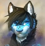 abstract_background anthro black_body black_fur black_hair blue_body blue_eyes blue_fur fur hair looking_away male neck_tuft nude pupils slit_pupils smile solo tuft fiuefey kimura felid mammal pantherine snow_leopard 2014 headshot_portrait icon portrait signature