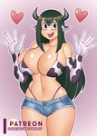 alternate_species animal_print big_breasts breasts cleavage clothed clothing cow_print female green_hair hair heart_symbol horn huge_breasts looking_at_viewer navel open_mouth open_smile smile solo nauth my_hero_academia asui_tsuyu animal_humanoid bovid bovid_humanoid bovine bovine_humanoid cattle_humanoid horned_humanoid humanoid mammal mammal_humanoid quirked_human_(my_hero_academia) absurd_res hi_res