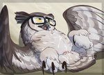 after_sex ambiguous_gender animal_genitalia avian_butt beak bodily_fluids brown_body brown_feathers cloaca cum cum_in_cloaca cum_inside cum_on_beak cum_on_belly cum_on_body cum_on_face cum_on_glasses cum_on_paw cum_on_tail dizzy_spiral eye_roll eyewear feathered_wings feathers feet feral genital_fluids genitals glasses lying on_back solo tail talons toes wings mcfan america's_best the_owl_(america's_best) avian bird great_horned_owl horned_owl owl true_owl male_(lore)