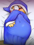 4_fingers anthro bed bed_sheet bedding blush butt clothing eyewear fingers furniture glasses inside looking_at_viewer male scales solo yellow_body yellow_scales yamausagi0619 mario_bros nintendo kamek koopa magikoopa scalie 2023 absurd_res hi_res