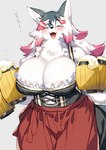 accessory alcohol anthro bangs barmaid beer beverage big_breasts black_body black_fur blush breasts chest_tuft cleavage clothed clothing dress eyes_closed female front_view fur grey_background hair hair_accessory hair_between_eyes hairclip happy holding_object huge_breasts inner_ear_fluff kemono long_hair multicolored_body multicolored_fur multicolored_hair open_mouth red_hair simple_background solo text tuft two_tone_body two_tone_fur two_tone_hair waiter white_body white_fur white_hair kishibe husky_(kishibe) canid canine canis domestic_dog husky mammal nordic_sled_dog spitz 2017 japanese_text portrait three-quarter_portrait translated