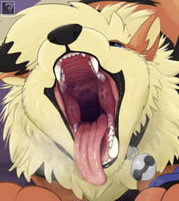 ambiguous_feral ambiguous_gender ankleband bell bell_collar black_body black_fur black_lips black_nose black_stripes blue_eyes bodily_fluids breath collar crouching detailed_mouth fangs feral fluffy front_view fur gaping_mouth glistening glistening_tongue head_tuft lips looking_at_viewer mane mouth_shot multicolored_body multicolored_fur open_mouth orange_body orange_ears orange_fur pink_tongue quadruped saliva saliva_on_tongue saliva_string simple_background solo stripes teeth tongue tongue_out tuft yellow_body yellow_fur yellow_inner_ear slimyjaws nintendo pokemon cain_(slimyjaws) arcanine canid canine canis generation_1_pokemon mammal pokemon_(species) 2025 colored digital_media_(artwork) headshot_portrait hi_res portrait shaded signature male_(lore)