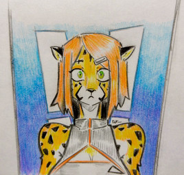 anthro blonde_hair bob_cut breasts cleavage cleavage_cutout clothed clothing cutout ears_down exposed_shoulder female green_eyes hair looking_at_viewer open_mouth pivoted_ears shirt shorthair solo tank_top tomboy topwear grinriff brie_(grinriff) cheetah domestic_cat felid feline felis humanoid mammal half-length_portrait hi_res portrait traditional_media_(artwork)
