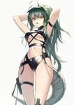 breasts clothed clothing female green_eyes green_hair hair humanoid_pointy_ears navel open_mouth pointy_ears ponytail simple_background solo white_background wide_hips itaco arknights hypergryph studio_montagne gavial_(arknights) animal_humanoid crocodilian crocodilian_humanoid humanoid reptile reptile_humanoid scalie scalie_humanoid 2020 hi_res