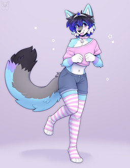 anthro black_hair blue_hair blush bottomwear cheek_tuft clothed clothing collar facial_tuft femboy fully_clothed hair legwear looking_away male midriff multicolored_hair navel pattern_clothing pattern_legwear pattern_stockings pink_clothing pink_collar pink_shirt pink_tongue pink_topwear pose purple_eyes shirt short_hair shorts smile snout solo standing stockings striped_clothing striped_legwear striped_stockings stripes tail tongue tongue_out topwear tuft two_tone_hair fleurfurr canid canine mammal colored digital_drawing_(artwork) digital_media_(artwork) hi_res shaded