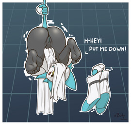 anthro anus assisted_exposure blue_ears blush blush_stickers butt clothed clothing curling_toes feet female floating_hands foot_focus genitals machine partially_clothed soles solo tail text vulva biskydraws conditional_dnp deltarune undertale_(series) tasque_manager android robot robot_anthro absurd_res english_text hi_res