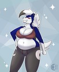 anthro big_breasts bottomwear breasts clothing female mohawk overweight overweight_anthro overweight_female pants shirt slightly_chubby slightly_chubby_female small_shirt smug solo sweatpants tank_top topwear chocend game_freak nintendo pokemon generation_7_pokemon lycanroc midnight_lycanroc pokemon_(species) shiny_pokemon digital_media_(artwork) hi_res signature