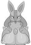 3_fingers anthro big_breasts blush breasts canid canine digital_media_(artwork) female fingers front_view generation_4_pokemon greyscale hi_res huge_breasts looking_at_viewer lucario mammal monochrome nintendo nipples pokemon pokemon_(species) rabbitbrush shaded simple_background spikes spikes_(anatomy) tongue tongue_out white_background