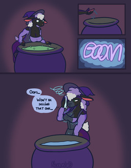 anthro cauldron cleaning clothing explosion female hat headgear headwear magic_user potion simple_background solo text witch witch_costume witch_hat nokamiwd bovid caprine mammal sheep absurd_res english_text hi_res