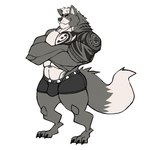 anthro bulge clothed clothing crossed_arms fur grey_body grey_fur male muscular muscular_anthro muscular_male overly_muscular simple_background solo standing tattoo topless underwear white_background darknaigart canid canine canis mammal wolf absurd_res hi_res