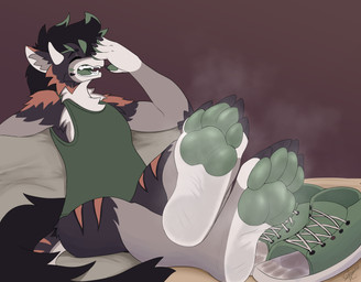anthro black_nails butt clothing colored_nails feet fluffy foot_fetish foot_focus footwear fur green_clothing horn low-angle_view male musk nails open_mouth pawpads paws shoes sitting smelly smelly_feet solo thick_thighs view yawn yawning_position glazedvc aylan_(character) absurd_res hi_res
