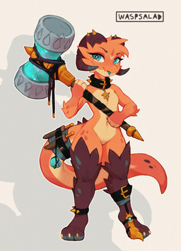 accessory anklet anthro blue_eyes blue_tongue breasts clothing collar featureless_breasts featureless_crotch female footwear furgonomics hammer holding_object holding_weapon horn jewelry knife looking_at_viewer markings maul navel orange_body simple_background small_breasts solo tail tail_accessory tongue tongue_out tools weapon wide_hips waspsalad kobold scalie 2022 absurd_res digital_media_(artwork) hi_res shaded