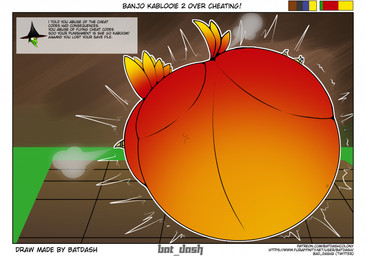 air_puff black_outline black_text close_to_bursting dialogue fur glistening glistening_body green_body hair immobile implied_popping inflation magic_user motion_lines outline puffkiss red_body text white_outline witch bat_dash banjo-kazooie rareware gruntilda_winkybunion kazooie avian bird breegull waddling_head hi_res url