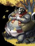 alpha_channel anthro autumn beanie belly bench beverage big_belly big_butt biped black_body black_fur butt canid canine canis chubby_cheeks clothed clothing domestic_dog eyes_closed fur hat headgear headwear holding_beverage holding_object leaf male mammal moobs navel nyil obese obese_anthro obese_male on_bench open_mouth open_smile outside overweight overweight_anthro overweight_male plant scarf sitting smile solo tree white_body white_fur