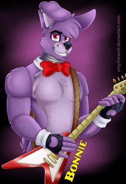 anthro athletic athletic_male black_nose bow_tie chest_tuft electric_guitar floppy_ears fluffy fluffy_tail guitar liviuh long_ears looking_at_viewer machine male musical_instrument pecs plucked_string_instrument purple_background purple_body red_bow_tie red_eyes simple_background solo string_instrument tail tuft emythewolf five_nights_at_freddy's scottgames bonnie_(fnaf) animatronic humanoid lagomorph leporid mammal rabbit robot
