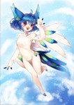 4_fingers anthro beak blue_hair chest_tuft cloud detailed_background feathers female fingers fur hair inner_ear_fluff looking_at_viewer multicolored_body multicolored_feathers pink_eyes sky solo tongue tuft wave white_body white_fur oko-san perico avian bird 2017 absurd_res hi_res