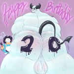 anthro backsack balls beard big_balls big_butt birthday birthday_card blush blush_lines bodily_fluids butt chibi duo facial_hair genitals glistening glistening_body heart_symbol horn huge_balls huge_butt humanoid_genitalia humanoid_penis kyng looking_at_viewer looking_back male male/male muscular muscular_anthro muscular_male nude overweight overweight_male paint penis rear_view simple_background sweat sweaty_butt tail text text_on_butt thick_thighs wide_hips abbamusa410791 brig; demon monster 1:1 2024 digital_media_(artwork) english_text hi_res shaded signature