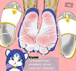 3_toes anthro barefoot blue_hair blush bodily_fluids body_blush clothing countershade_feet countershading cum cum_on_feet feet female foot_blush foot_fetish foot_focus footwear genital_fluids hair hindpaw humanoid_feet looking_at_viewer paws plantigrade soles solo text toes wrinkled_feet wrinkles dummycervine nintendo star_fox krystal_(star_fox) canid canine fox mammal 2024 digital_media_(artwork) english_text hi_res