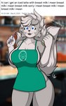 anthro apron apron_only big_breasts blue_eyes breasts cleavage clothed clothing container cup curvy_figure dialogue dialogue_box eyelashes female fur green_apron green_clothing grey_body grey_fur grey_hair hair holding_container holding_cup holding_object holding_pencil looking_at_viewer mostly_nude multicolored_body multicolored_fur number open_mouth partially_clothed pencil_(object) repeated_text solo stuttering surprised_expression text thick_thighs time timestamp two_tone_body two_tone_fur voluptuous coloredprinter i_mean_breast_milk papercut_(character) canid canine canis mammal wolf 5:8 english_text hi_res meme