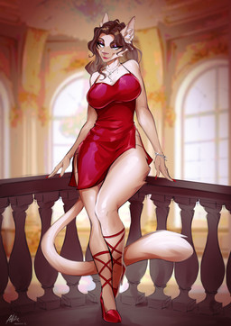 anthro biped blue_eyes breasts brown_hair claws clothed clothed_anthro clothed_female clothing dress ear_piercing female finger_claws fingers footwear front_view fur hair high_heels inner_ear_fluff inside looking_at_viewer piercing shoes smile solo standing tail tuft white_body white_fur white_tail allatir sylvia_(raveger) domestic_cat felid feline felis mammal siamese_cat 2025 absurd_res digital_drawing_(artwork) digital_media_(artwork) hi_res